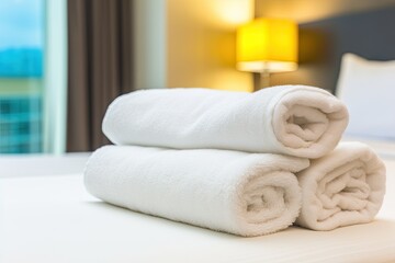 In a hotel room, a white towel was used on the bed.