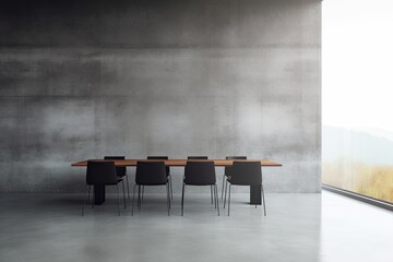 Gray concrete floor, chairs, and a dining table in a dark kitchen. A contemporary kitchen with a panoramic window overlooking the city. Model of a blank wall.