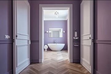 Open door to contemporary bathroom with sink and copy space. Parquet flooring and violet wallpaper can be found in an empty room. interior design that is minimal