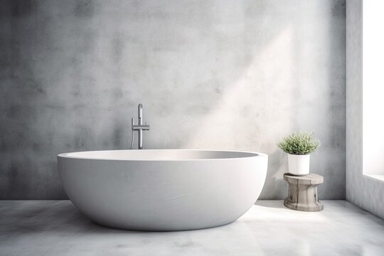 Close-up of a white marble bathtub in a bathroom with white concrete walls and a sink. mock-up toned double-exposed image