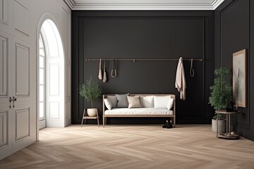 White and dark farmhouse hallway and living room with frame mockup. Coat rack, sofa, and bench made of wood. a parquet floor, an antique decor,