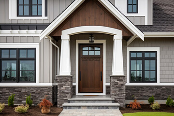 Main entrance door in house. Wooden front door with gabled porch and landing. Exterior of georgian style home cottage with columns and stone cladding. Created with generative Ai