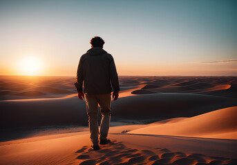 unerkannter mann person mensch läuft auf einer sanddüüne dünne düne in der wüste im abendrot der sonne entgegen 1001 nacht  fiktiv generative ki - obrazy, fototapety, plakaty