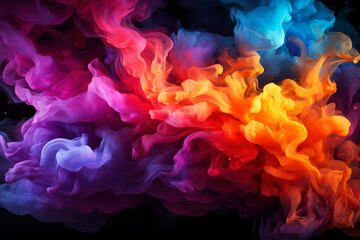 Obraz premium Multicolored abstract smoke with fire on black background, AI Generated