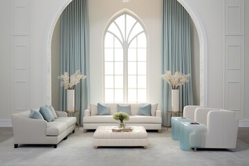 Fototapeta premium Neoclassical living room with copy space and molded walls. Parquet flooring and an arched door with a curtain. delicate shades of white and blue, contemporary velvet sofa. traditional interior design