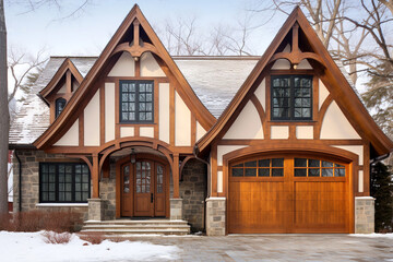 Tudor style family house exterior with gable roof and timber framing. Wooden garage doors in home cottage. Created with generative Ai - obrazy, fototapety, plakaty