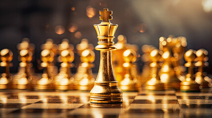 Set of luxury golden chess pieces isolated on dark background. The photo of gold chess, king, rook, bishop, queen, knight, and pawn.