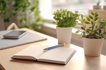 Close-up of a creative designer's desktop with a notepad, a decorative plant, a blank white notepad, and blinds in the backdrop. a mockup