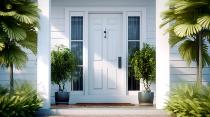 Main entrance door. White front door with porch. Exterior of georgian style home cottage house with columns. Created with generative Ai - obrazy, fototapety, plakaty