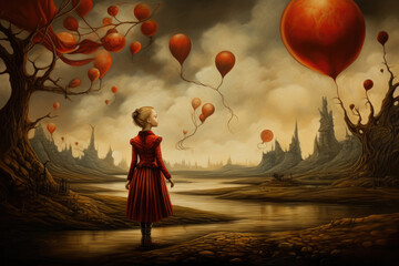 Young girl in a red dress with her hair in a bun, in a fantasy world surrounded by floating red balloons along a cloudy river in a surreal landscape setting,