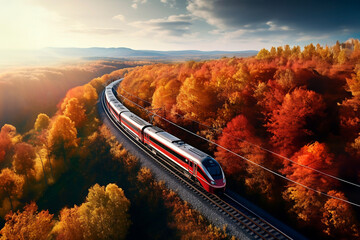 Aerial view of train and railroad among autumn forests, bird's eye view