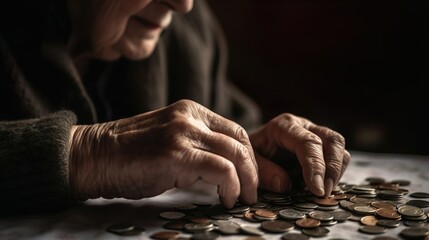 A senior woman an elderly pensioner counting coins. Generative Ai technology.