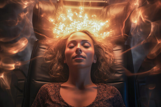 Artistic depiction of a hypnotherapy client during a hypnotherapy session with ethereal lighting invoking a dreamlike state