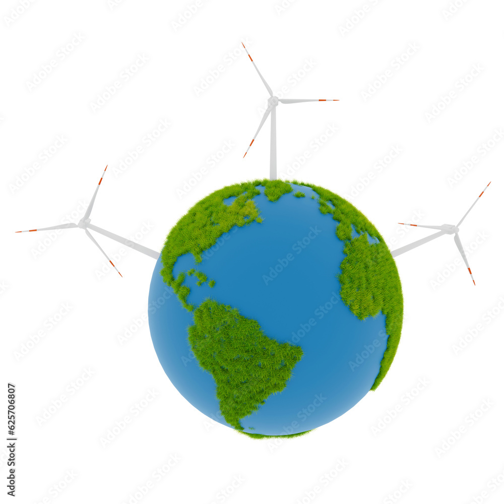 Aufkleber earth covered with grass with wind power objects, 3d rendering