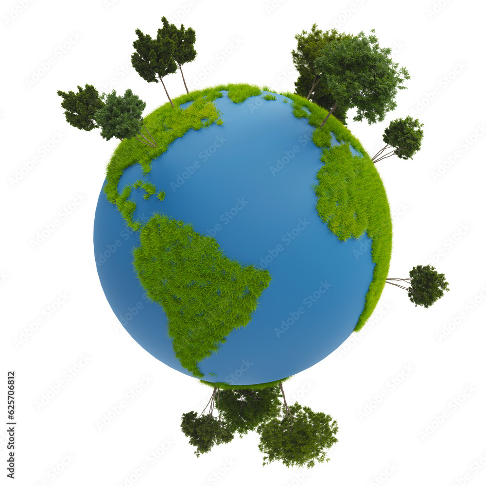 Poster earth environment object covered with grass and trees, 3d rendering