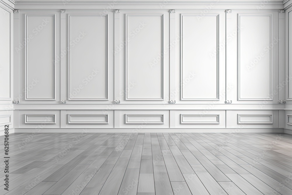 Poster white panels and a wooden floor in an empty room, a modern architecture background with copy space, 