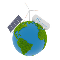 Fototapeta premium Earth covered with grass with hydrogen energy, solar energy and wind power objects, 3d rendering