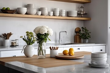 counters in the kitchen are white and gray. In the background, a table made of white marble. notion of home cooking. a mockup