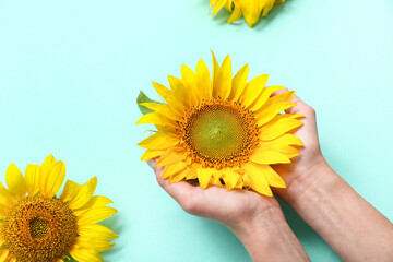Woman with sunflowers on mint background, closeup