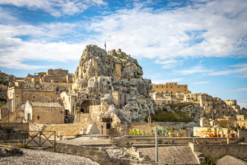 church of saint mary of idris, panoramic view over matera, sassi di matera, caves. basilicata, south italy., italy, europe, sunset
