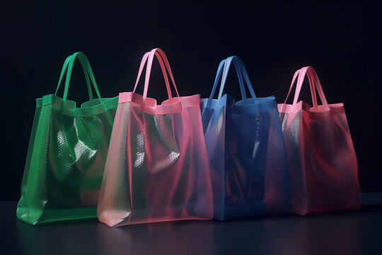 set of color eco-friendly shopping bags. A variety of colorful reusable shopping bags. Zero waste concept. No plastic. Eco friendly mesh bags Generative AI 