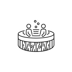 Two people relax in a jacuzzi line icon. Wooden jacuzzi spa with bubble icon. Vector illustration - obrazy, fototapety, plakaty