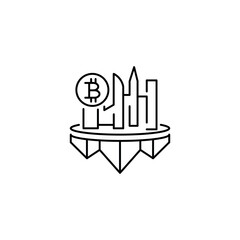 Metaverse city. Universe and global nft, bitcoin. Cyber or cyberpunk and smart city. VR city line icon. Vector illustration