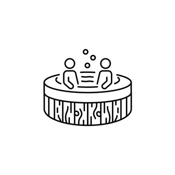 Two people relax in a jacuzzi line icon. Wooden jacuzzi spa with bubble icon. Vector illustration