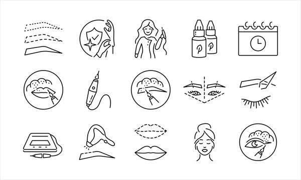 Permanent makeup line icons set. Powder brows icon. Microblading , tattoo machine , tattoo artist icon. Vector illustration