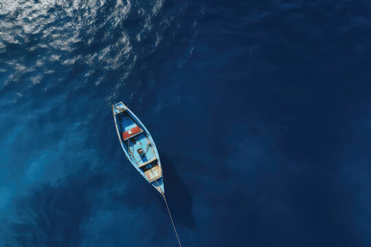 An Overhead View Of The Sea Blue With A Small Two-seater Boat In Sunny Day. Creative Nautical Wallpaper. Minimalist Style. Clear Blue Water With Little Waves.