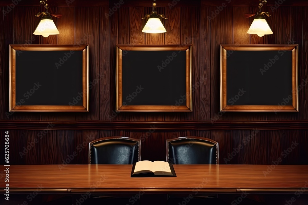 Poster on a table beside a wooden wall are empty frames. draft for a design