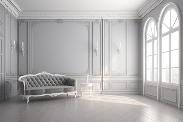 Gray sofa and armchair in a living room with white and gray walls, a wooden floor, and a big window. a mockup
