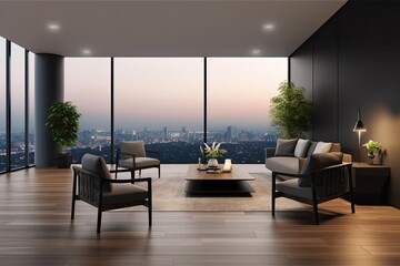 Front view of a dark living room interior featuring a wooden floor, a coffee table, a sofa, armchairs, a panoramic window, and an empty, grey wall. minimalist design principle.