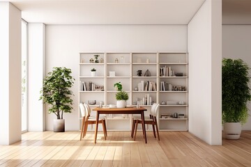Front view of a light-filled living room with a white wall, a dining table and chairs, a bookshelf with books, a vase, and a hardwood floor. minimalist design principle. a mockup