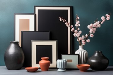 mock-up poster frame with branches in pottery vase, books, and geometric vases on black plaster wall; portrait orientation of fashionable picture frame;