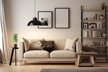 Interior of a light beige living room with parquet flooring. Sofa, coffee table, black pendant lamp, cupboard with three open shelves, and mockup framed banner are all present.