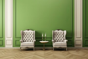 Two green seats with copy space in a classic interior. moldings on green walls. herringbone parquet flooring. electronic illustration