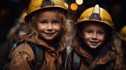  Group of kids firefighters wearing in form and helms on dark background. Labor day concept. AI generated