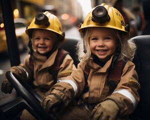  Group of kids firefighters wearing in form and helms in car. Labor day concept. AI generated