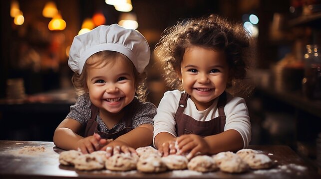 Baby bakers with pastries on bakery dark background. Labor day concept. AI generated