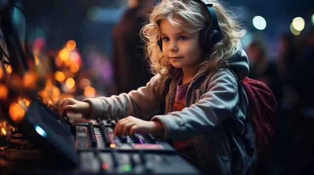 Disc jockey boy wearing in cool clothes with headphones,  mixing tracks on a mixer. AI generated