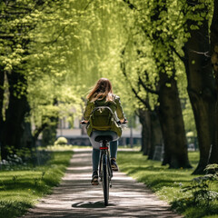 Carefree woman enjoys a bike ride through a lush green park embracing spring vitality
