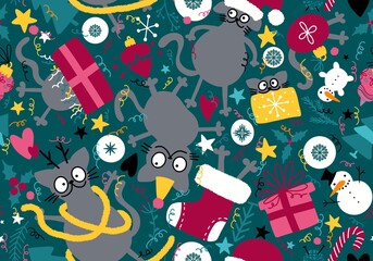 Christmas animals seamless cats and gift box and tree and toys pattern for wrapping paper and fabrics