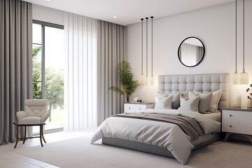 Naklejka na ściany i meble On a white wall background, a double bed, a soft gray carpet, a lamp on the floor, accessories, and a window with curtains can be seen. Scandinavian style, a minimalist bedroom, and real estate