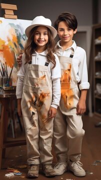 A group of painter children wearing in overalls and soiled in paint in an art studio. Easel on the background with ai generation