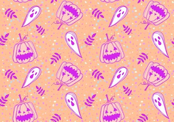 Autumn cartoon harvest vegetable seamless Halloween pumpkins and ghost pattern for wrapping paper and fabrics
