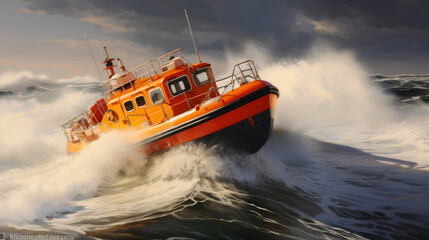 Orange rescue or coast guard patrol boat industrial vessel in blue sea ocean water. Rescue operation in stormy sea