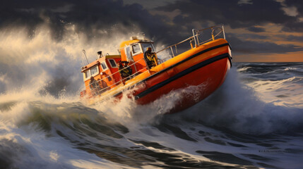 Orange rescue or coast guard patrol boat industrial vessel in blue sea ocean water. Rescue...