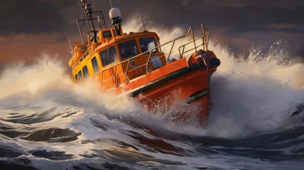 Fototapeten Orange rescue or coast guard patrol boat industrial vessel in blue sea ocean water. Rescue operation in stormy sea © darkhairedblond