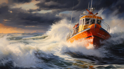 Orange rescue or coast guard patrol boat industrial vessel in blue sea ocean water. Rescue operation in stormy sea - obrazy, fototapety, plakaty